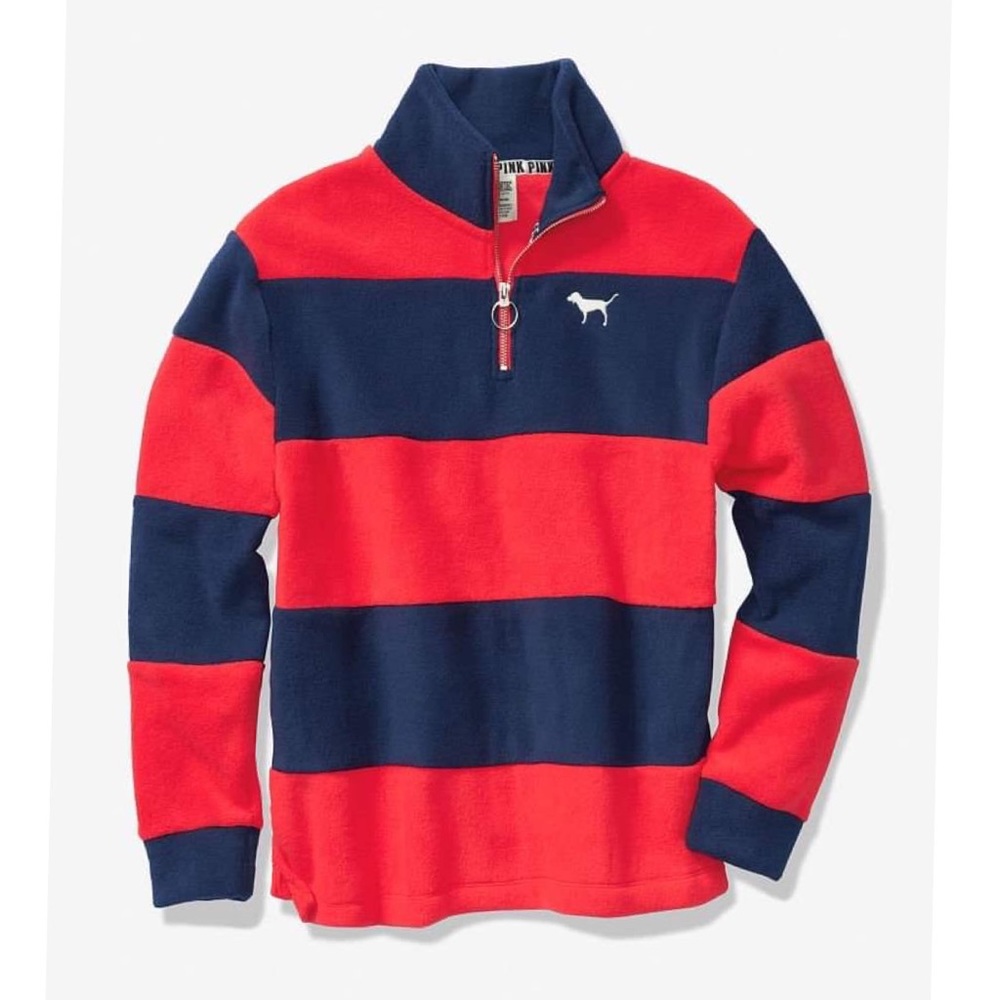 PINK Victoria’s Secret Red and Blue Stipe Polar Fleece Half Zip